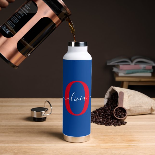 Personalised Monogram Script Name Blue White Red Water Bottle (Coffee)