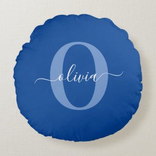 Personalised Monogram Script Name Blue White Round Cushion