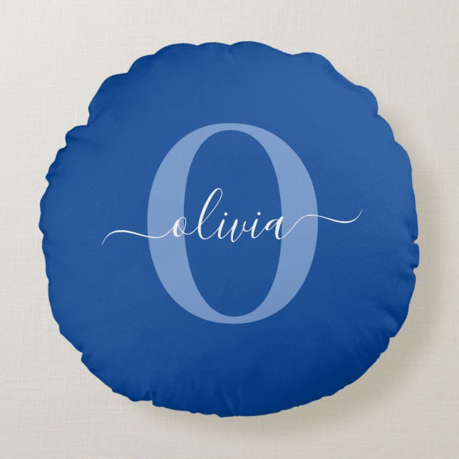 Personalised Monogram Script Name Blue White Round Cushion (Front)