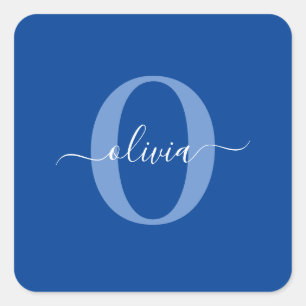 Personalised Monogram Script Name Blue White Square Sticker