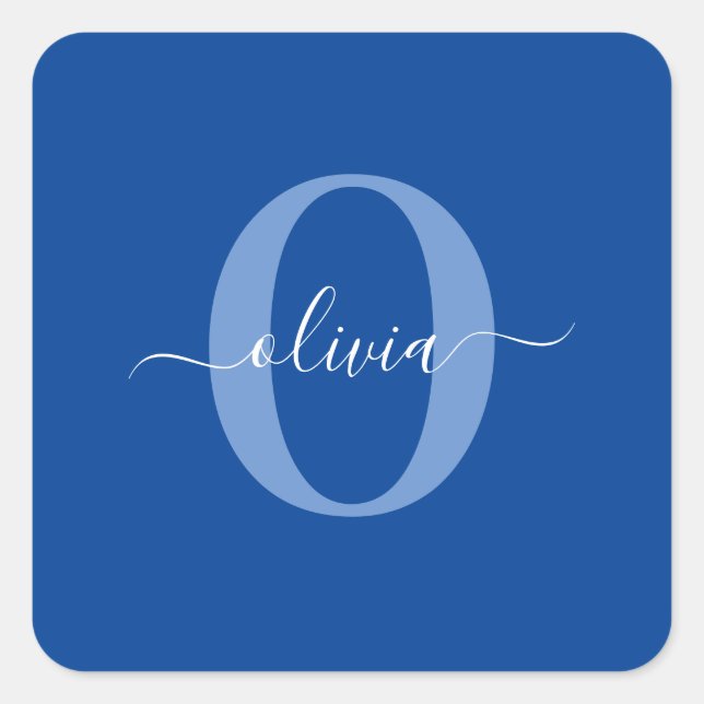 Personalised Monogram Script Name Blue White Square Sticker (Front)