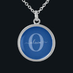 Personalised Monogram Script Name Blue White Sterling Silver Necklace<br><div class="desc">This elegant monogram and stylish script name design can be given as a gift for a birthday, wedding, bridal shower, anniversary, Mother's Day or any occasion. It can be personalised with the person's initial and name. You can change the font, font colour, font size and background colour using the Design...</div>