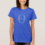 Personalised Monogram Script Name Blue White T-Shirt<br><div class="desc">This elegant monogram and stylish script name design can be given as a gift for a birthday, wedding, bridal shower, anniversary, Mother's Day or any occasion. It can be personalised with the person's initial and name. You can change the font, font colour, font size and background colour using the Design...</div>