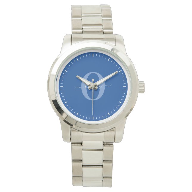 Personalised Monogram Script Name Blue White Watch (Front)