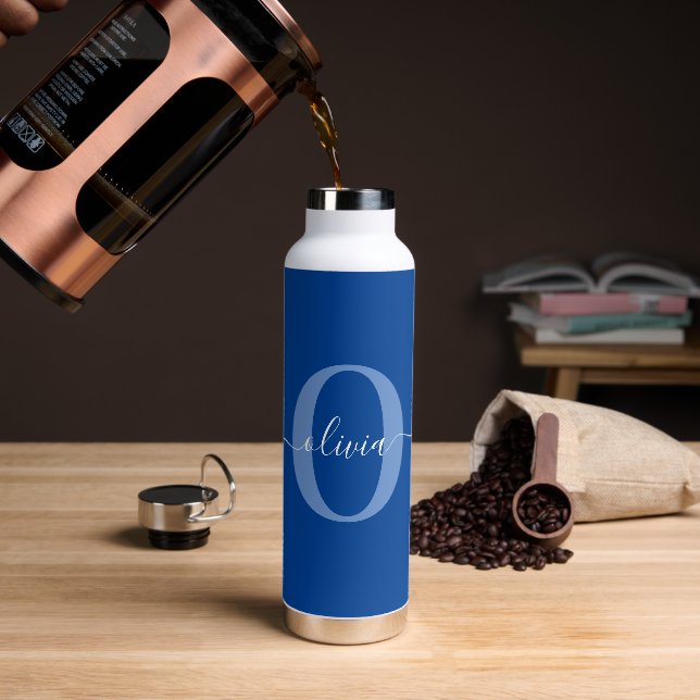 Personalised Monogram Script Name Blue White Water Bottle (Coffee)