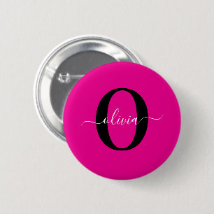 Personalised Monogram Script Name Pink Black White 6 Cm Round Badge