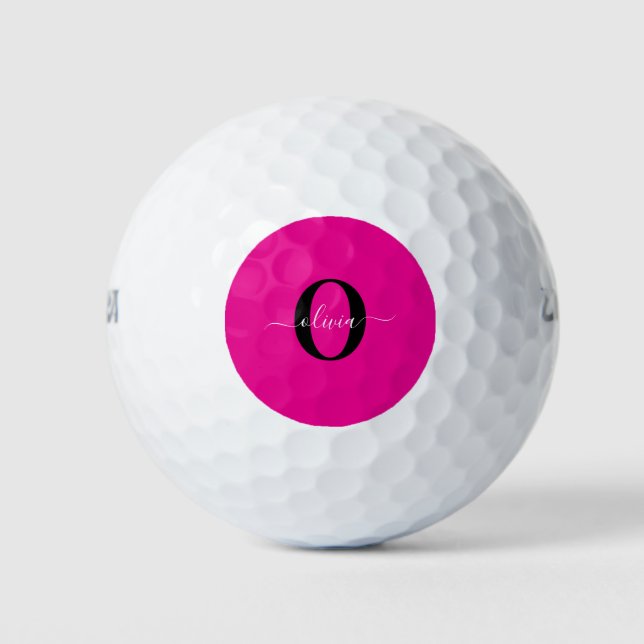 Personalised Monogram Script Name Pink Black White Golf Balls (Front)