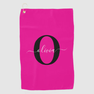 Personalised Monogram Script Name Pink Black White Golf Towel