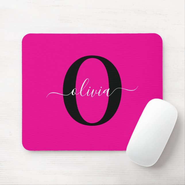 Personalised Monogram Script Name Pink Black White Mouse Pad (With Mouse)