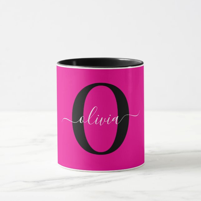 Personalised Monogram Script Name Pink Black White Mug (Center)