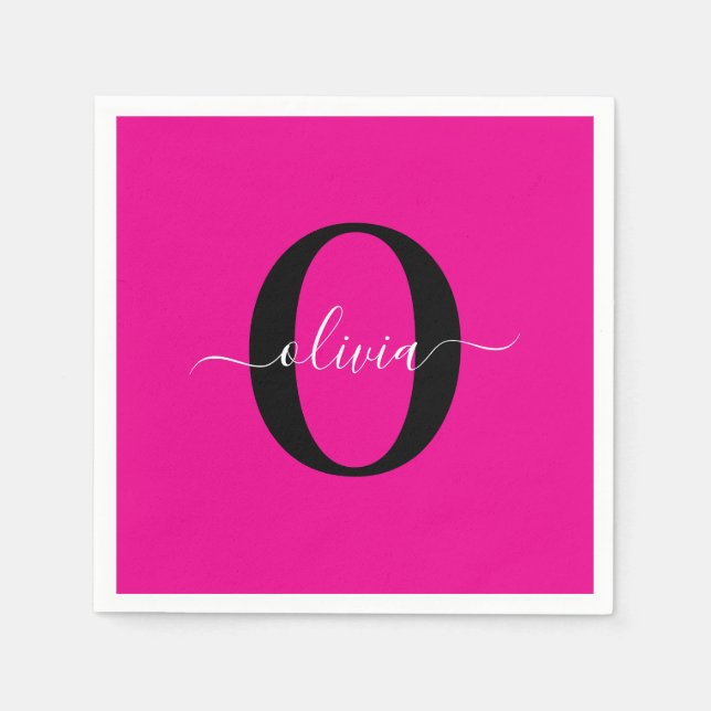 Personalised Monogram Script Name Pink Black White Napkin (Front)