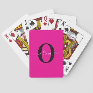 Personalised Monogram Script Name Pink Black White Playing Cards