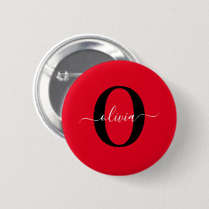 Personalised Monogram Script Name Red Black White 6 Cm Round Badge