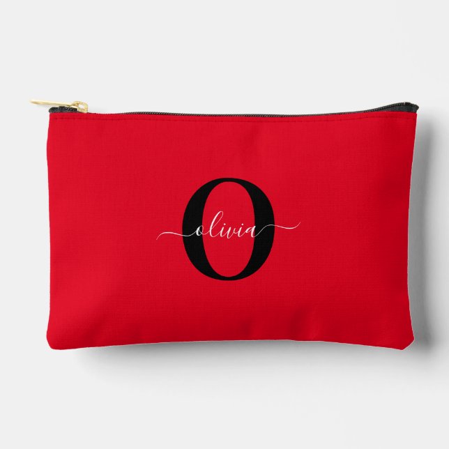 Personalised Monogram Script Name Red Black White Accessory Pouch (Front)