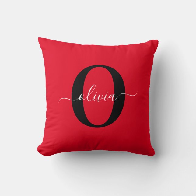 Personalised Monogram Script Name Red Black White Cushion (Front)