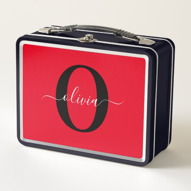 Personalised Monogram Script Name Red Black White Metal Lunch Box (Front)