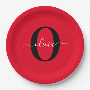 Personalised Monogram Script Name Red Black White Paper Plate
