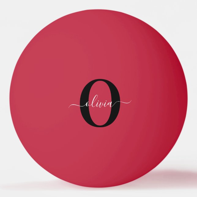 Personalised Monogram Script Name Red Black White Ping Pong Ball (Front)