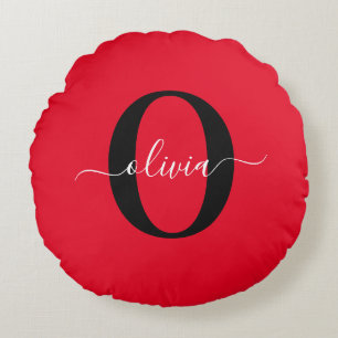 Personalised Monogram Script Name Red Black White Round Cushion