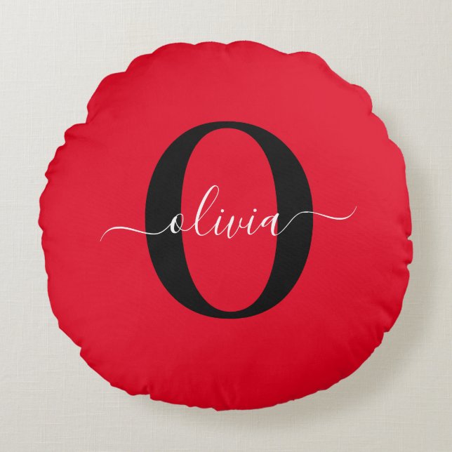 Personalised Monogram Script Name Red Black White Round Cushion (Front)