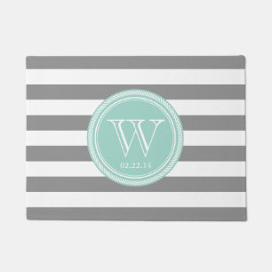 Personalised Monogram Seafoam and Grey Striped Doormat