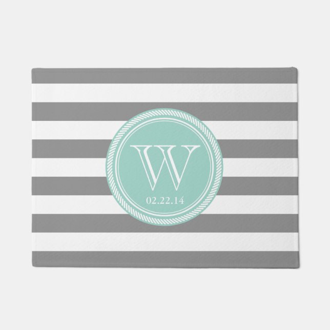 Personalised Monogram Seafoam and Grey Striped Doormat (Front)