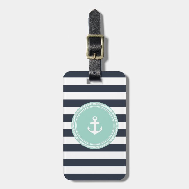 Personalised Monogram Seafoam and Navy Nautical Luggage Tag (Front Vertical)