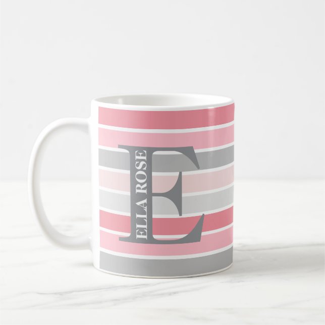 Personalised Monogram 'Shades of Pink' Striped Coffee Mug (Left)
