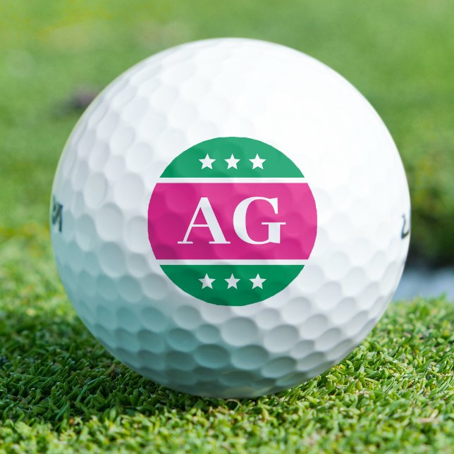Personalised Monogram Stars Pink Green Golf Balls (Creator Uploaded)