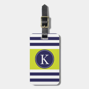 Personalised Monogram Stripes Pattern Navy Lime Luggage Tag