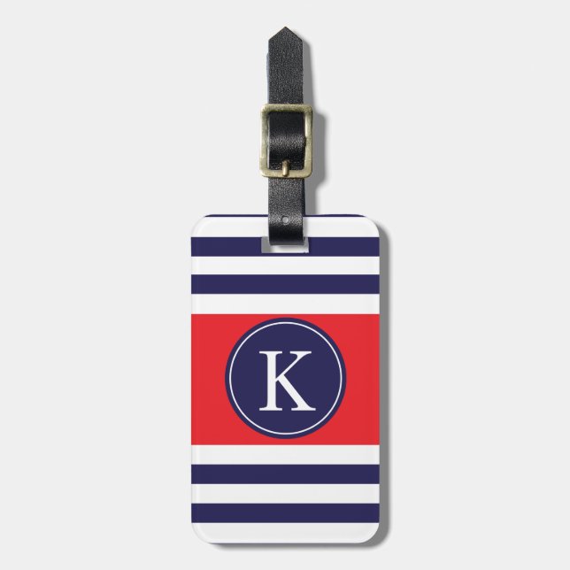 Personalised Monogram Stripes Pattern Navy Red Luggage Tag (Front Vertical)