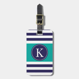 Personalised Monogram Stripes Pattern Navy Teal Luggage Tag