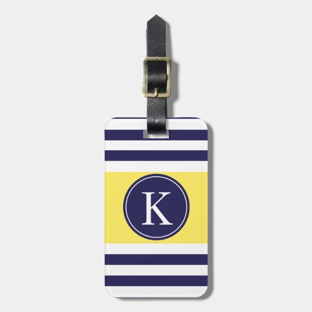 Personalised Monogram Stripes Pattern Navy Yellow Luggage Tag (Front Vertical)