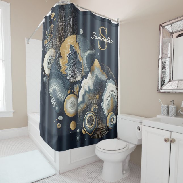 Personalised Monogram Stylish Navy Blue Gold Agate Shower Curtain (In Situ)