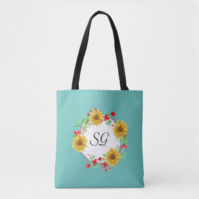 Personalised Monogram Sunflower Shopping Tote Bag (Front)