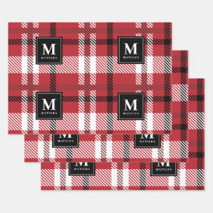 Personalised monogram tartan christmas wrapping paper sheet