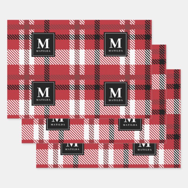 Personalised monogram tartan christmas wrapping paper sheet (Set)