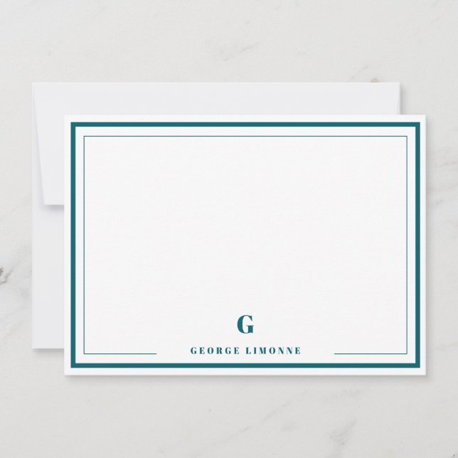 Personalised Monogram Teal Border Stationery  Card (Front)