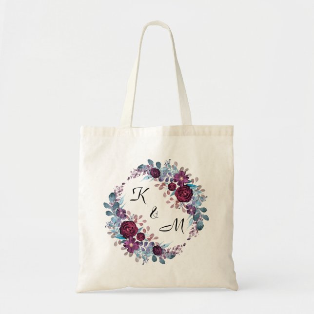 Personalised monogram text watercolor flower flora tote bag (Front)