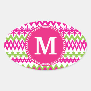 Personalised Monogram Tribal Pattern Pink Chevron Oval Sticker
