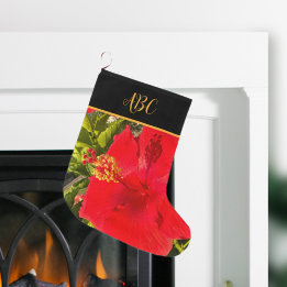 Personalised Monogram Tropical Red Flower Large Christmas Stocking