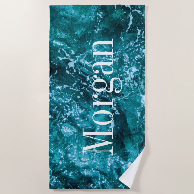 Personalised Monogram Turquoise Sea Waves Beach Towel (Front)
