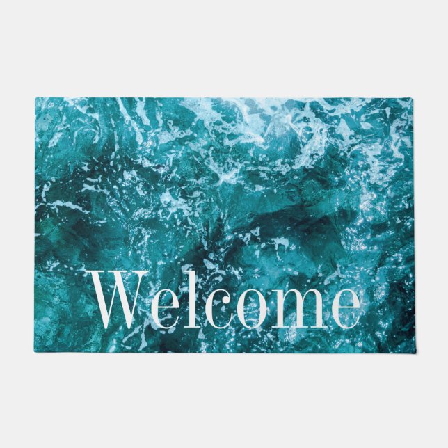 Personalised Monogram Turquoise Sea Waves Doormat (Front)