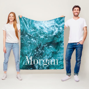 Personalised Monogram Turquoise Sea Waves Fleece Blanket