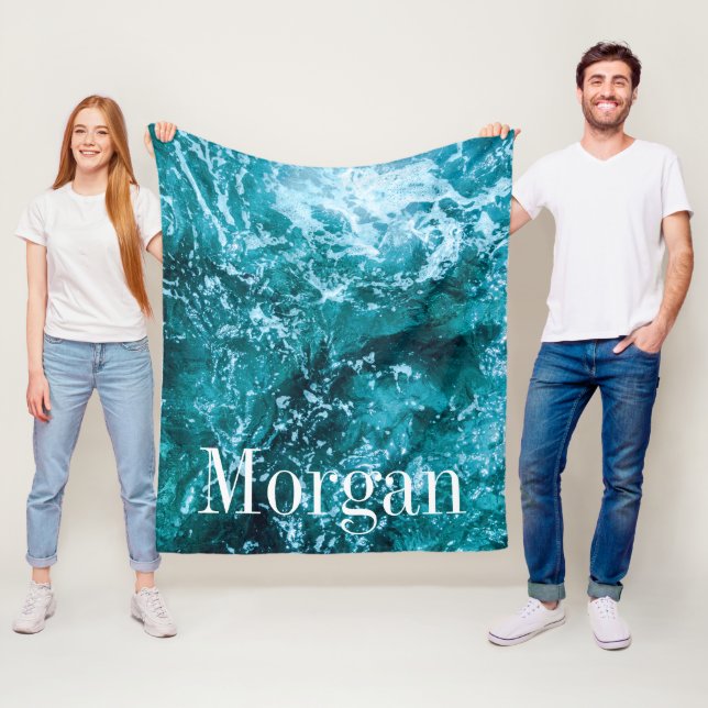 Personalised Monogram Turquoise Sea Waves Fleece Blanket (In Situ)