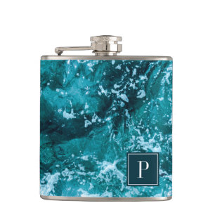 Personalised Monogram Turquoise Sea Waves Hip Flask