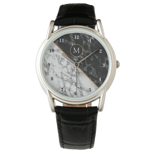 Personalised Monogram Watch Black White Marble (Front)