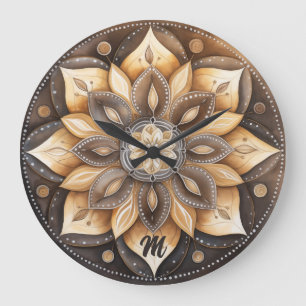 Personalised Monogram Watercolor Brown Mandala  Large Clock
