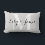 Personalised Monogram White Grey Wedding Keepsake Lumbar Cushion<br><div class="desc">Elegant and stylish light grey monogram lumbar pillow. This trendy pillow features dark grey writing with a light grey background and a large white monogram initial. You can personalise it with your names and monogram initial, and even change the text colour and font style using the customise option. This pillow...</div>
