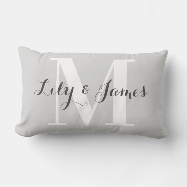 Personalised Monogram White Grey Wedding Keepsake Lumbar Cushion (Front)